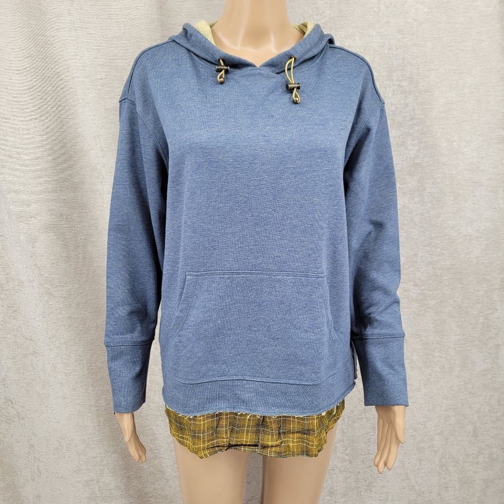 TRU LUXE DENIM Blue Hoodie Sweatshirt with Green Plaid Shirt Tail Hem NEW